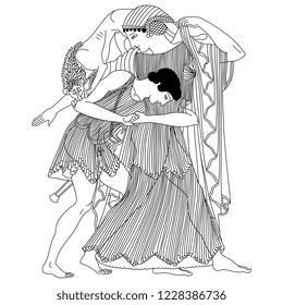 Isolated vector illustration. two mythological characters. Peleus wrestling with goddess Thetis. Ancient Greek vase painting motif. Black and white linear silhouette.