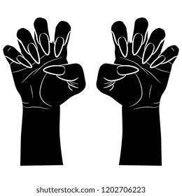 Isolated vector illustration. Two raised up human hands with clenched fingers and long nails in aggressive gesture. Black and white linear silhouette. Cartoon style.