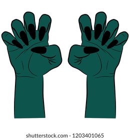 Isolated vector illustration. Two raised up fantastic hands with clenched fingers and long nails in aggressive gesture. Hand drawn linear sketch. Cartoon style.