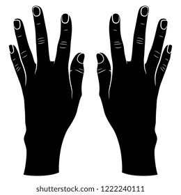 Isolated vector illustration. Two raised up human hands with open fingers. Hand drawn linear sketch. Black and white linear silhouette. Cartoon style.