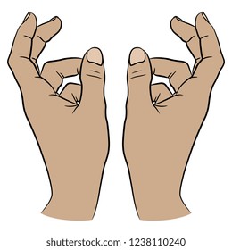 Isolated vector illustration. Two raised up human female Caucasian hands in elegant gesture. Hand drawn linear sketch. Cartoon style.