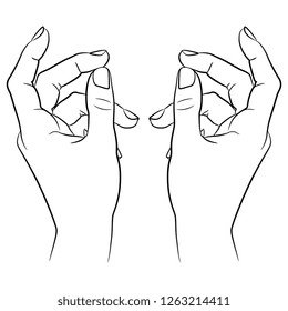 Isolated vector illustration. Two raised up human female hands in elegant gesture. Hand drawn linear sketch. Black silhouette on white background.