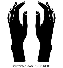 
Isolated vector illustration. Two raised up beautiful female hands in elegant gesture. Black and white linear silhouette. Cartoon style.