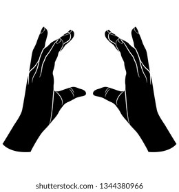 Isolated vector illustration. Two raised up human female hands in holding gesture. Black and white linear silhouette. Cartoon style.