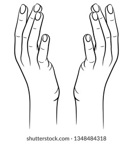 Isolated vector illustration. Two raised up human hand in pleading gesture. Hand drawn linear sketch. Black silhouette on white background.