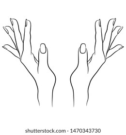 Isolated vector illustration. Two raised up beautiful female hands in excited gesture. Black and white silhouette.