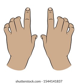 Isolated vector illustration. Two raised up human Caucasian hands in typing position. Top view. Cartoon style.