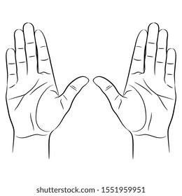 Isolated vector illustration. Two raised up human hands with open palms. Black and white linear silhouette.