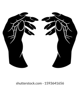 Isolated vector illustration. Two raised up female hands with long nails. Cartoon style. Black and white silhouette.