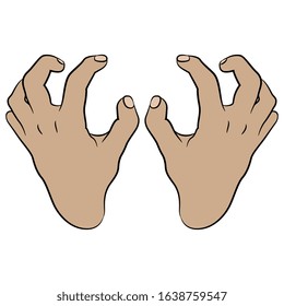 Isolated vector illustration. Two raised up human hands with clenched fingers. Top view. Cartoon style. 