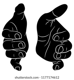 Isolated vector illustration. Two reached out open human male hands. Hand drawn linear sketch. Cartoon style. Black and white silhouette.