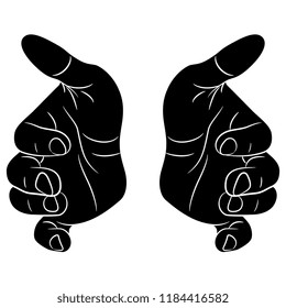 Isolated vector illustration. Two reached out open human male hands. Hand drawn linear sketch. Cartoon style. Black and white silhouette.