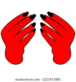 Isolated vector illustration. Two red human or demon's hands with black nails in holding gesture. Flat cartoon style.