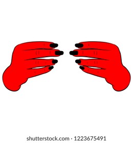 Isolated vector illustration. Two red human or devil's hands with black nails in holding gesture. Flat cartoon style.