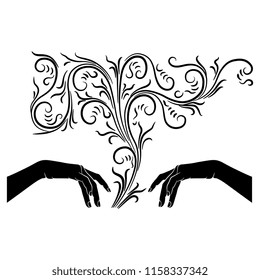 Isolated vector illustration. Two silhouetted stylized female hands making magic as vapor. 