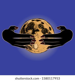 Isolated vector illustration. Two silhouetted female hands protecting or hiding full moon. Moon eclipse. Power of Goddess. Concept of feminine energy.