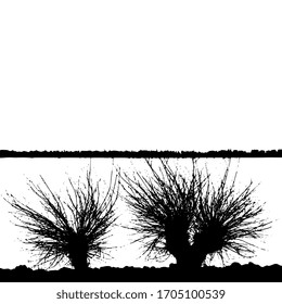 Ilustración vectorial aislada. Dos árboles de silueta. Paisaje con orilla de río. Horizonte. Silueta en blanco y negro.