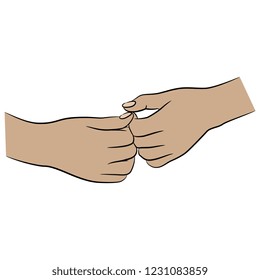 Isolated vector illustration. Two touching human hands. Hand drawn linear sketch. Cartoon style.