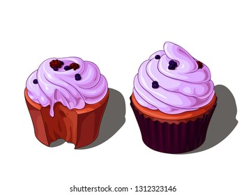 Isolated vector illustration of two wonderful decorated cupcakes, one beign bitten