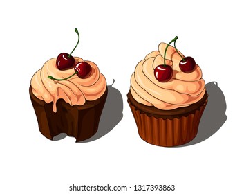 Isolated vector illustration of two wonderful decorated cupcakes, one beign bitten