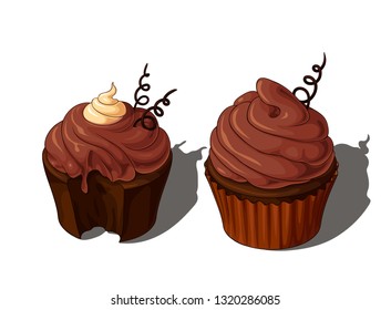 Isolated vector illustration of two wonderful decorated cupcakes, one beign bitten