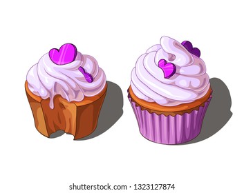 Isolated vector illustration of two wonderful decorated cupcakes, one beign bitten