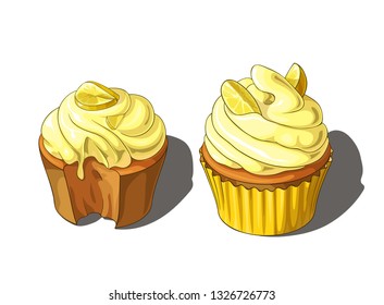 Isolated vector illustration of two wonderful decorated cupcakes, one beign bitten