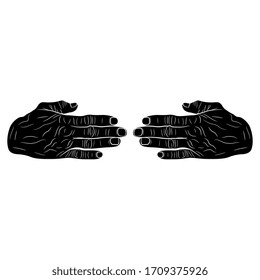 Isolated vector illustration. Two wrinkled human hands of old aged person. Embracing gesture. Black and white silhouette.