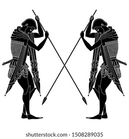 Isolated vector illustration. Two young ancient Greek warriors with crossed spears. Black and white silhouette. 