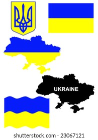 isolated vector illustration of Ukrainian flag,coat of arms and country map