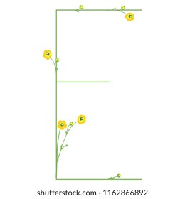 Isolated vector illustration. Uppercase capital letter "E" with floral motifs. Buttercup or ranunculus flowers.