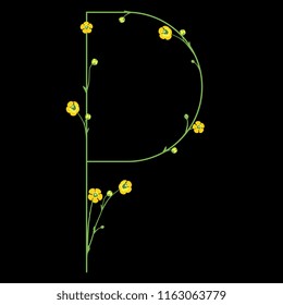 Isolated vector illustration. Uppercase capital letter "P" with floral motifs. Buttercup or ranunculus flowers. On black background. 