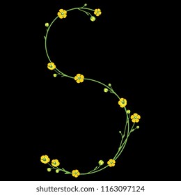 Isolated vector illustration. Uppercase capital letter "S" with floral motifs. Buttercup or ranunculus flowers. On black background. 