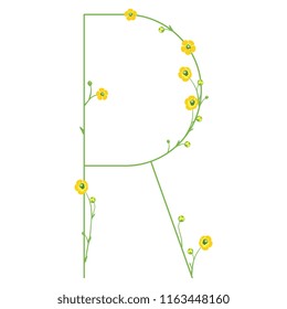 Isolated vector illustration. Uppercase capital letter "R" with floral motifs. Buttercup or ranunculus flowers. 
