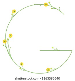 Isolated vector illustration. Uppercase capital letter "G" with floral motifs. Buttercup or ranunculus flowers. 