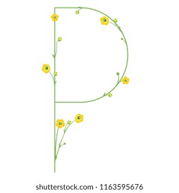 Isolated vector illustration. Uppercase capital letter "P" with floral motifs. Buttercup or ranunculus flowers. 