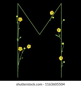 Isolated vector illustration. Uppercase capital letter "M" with floral motifs. Buttercup or ranunculus flowers. On black background. 