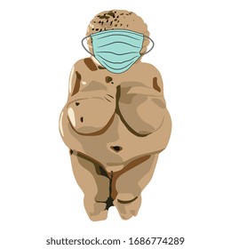 Isolated vector illustration  Venus Willendorf wearing medical mask for face  