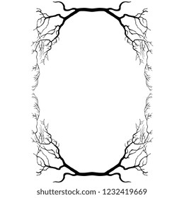 Isolated vector illustration. Vertical floral frame or decor with tree branches. Rectangular oval shape. Black silhouette on white background.
