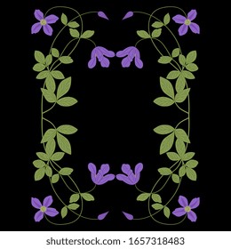  Ilustración vectorial aislada. Decoración floral vertical o marco con ramas de flor clematis. De estilo Art Nouveau.
