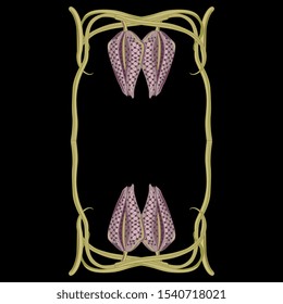 Isolated vector illustration. Vertical oval floral frame with branches of fritillaria flowers. Art Nouveau style. On black background.