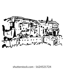 Isolated vector illustration. Vianden castle in Luxembourg. Hand drawn linear doodle ink sketch. Black silhouette on white background.