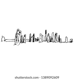 Isolated vector illustration. View of ancient Celtic ruins. Callanish Standing Stones in Britain. Hand drawn linear doodle sketch. Black silhouette on white background.