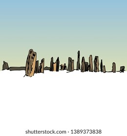 Isolated vector illustration. View of ancient Celtic ruins. Callanish Standing Stones in Britain. Hand drawn colored sketch. 