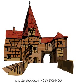 Isolated vector illustration. View of a medieval German town with half-timbered houses. Hand drawn colored sketch. 