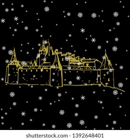 Isolated vector illustration. View of a medieval castle in winter under snowflakes. Chateau D'Aigle In Canton Vaud, Switzerland. Hand drawn linear doodle ink sketch.