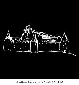 Isolated vector illustration. View of a medieval castle. Chateau D'Aigle In Canton Vaud, Switzerland. Hand drawn linear doodle ink sketch. White silhouette on black background.
