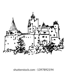 Isolated vector illustration. View of a medieval Bran castle in Romania. (Dracula's Castle of Vlad the Impaler). Hand drawn linear ink sketch. Black silhouette on white background.