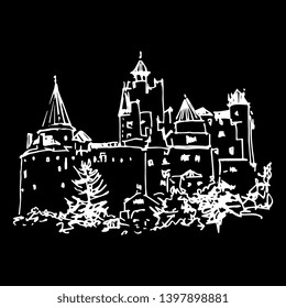 Isolated vector illustration. View of a medieval Bran castle in Romania. (Dracula's Castle of Vlad the Impaler). Hand drawn linear ink sketch. White silhouette on black background.