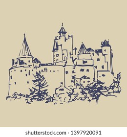 
Isolated vector illustration. View of a medieval Bran castle in Romania. (Dracula's Castle of Vlad the Impaler). Hand drawn linear ink sketch.